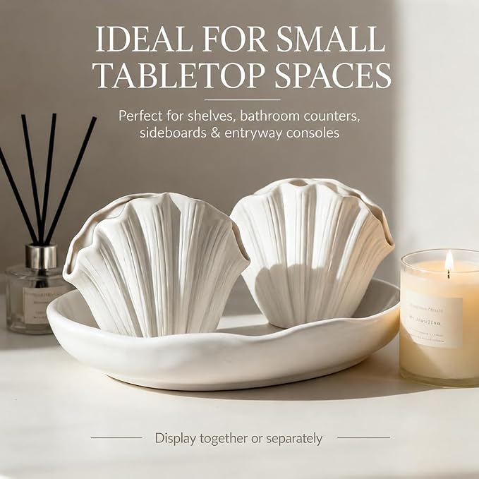Seashell Vase Set of 2, White Ceramic Shell Vase 6.3" & 5.7", Coastal Sea Shell Vases Decor for Dried Flowers Faux Stem, Beach Nautical Table Decor, Scalloped Aesthetic Vases for Home Accents