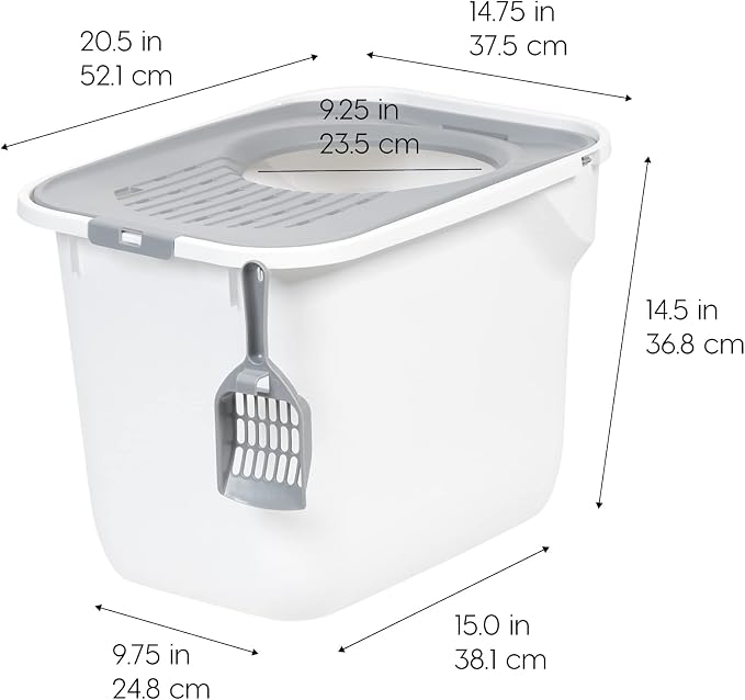 IRIS USA Large Top Entry Cat Litter Box, Hooded Privacy, White/Gray | Dog-Free Zone, Dog Proof Pan, Mess Containment System, Protected Interior, Odor Trapping, Easy Scoop Access