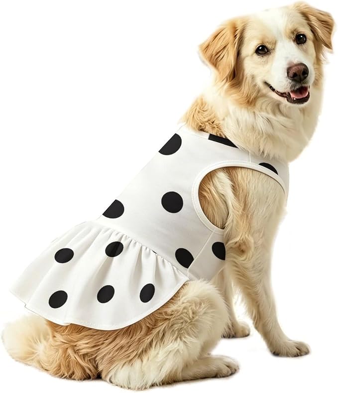 Large Dog Dress - Girl Pet Clothes Outfit, Black Polka Dots Pri A2 | Poly Blend,Soft Breathable,Large Dog Dress,Ruffle Hem,Summer Wear,Vest Apparel,Walking,Party,HolidayLightweight,Easy Care