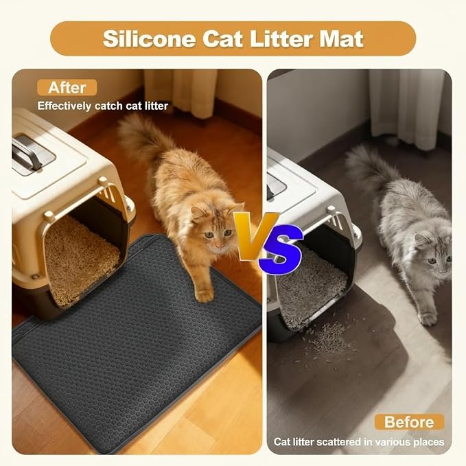 Cat Litter Mat, 24''x20'' Waterproof Silicone Litter Trapping Mat for Litter Box, Soft on Kitty Paws Non-Slip & Easy to Clean (Dark Grey)