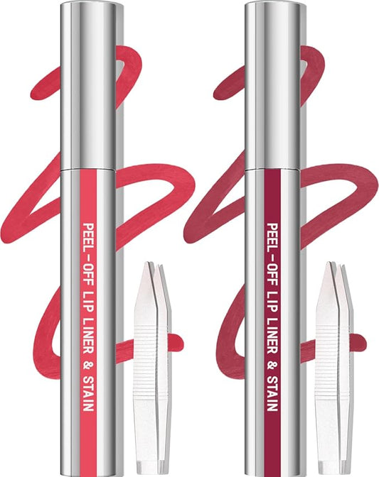 Cilrofelr 2 Colors Lip Liner Stain Peel Off Set with Tweezers - Long Wearing, Transfer Proof, Matte Finish, Quick Plump Lip Effect, Peel Off Lip Stain for All Skin Tones (Rose + Mauve)