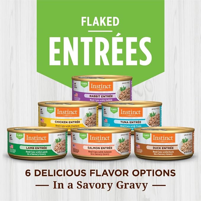Instinct Flaked Entrees, Wet Canned Cat Food, Rabbit, 5.5 oz. (12 Count) | Tender flaked cuts in savory gravy, high protein, real rabbit, whole-food ingredients, grain-free, hydration support