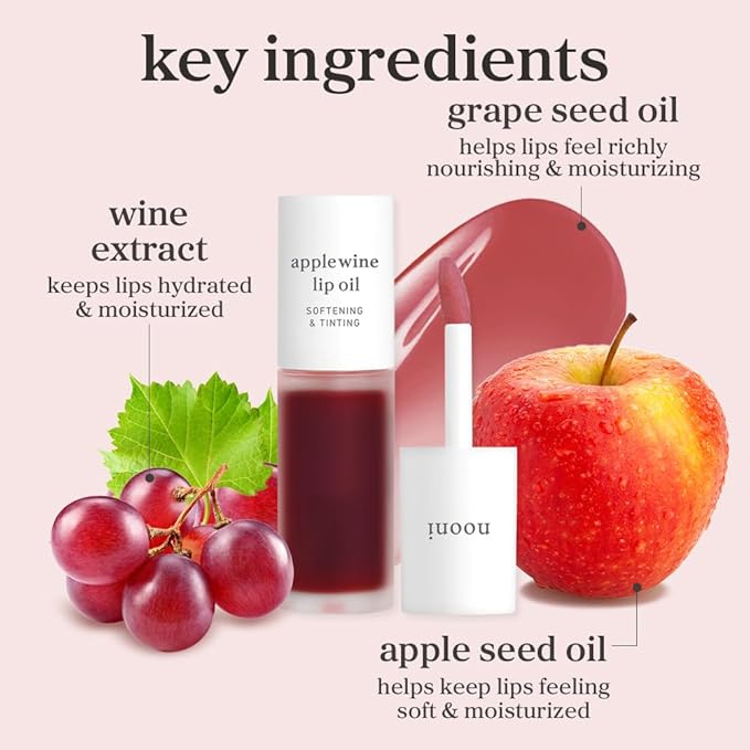 NOONI Korean Lip Oil - Applewine | Long-Lasting, Moisturizing, Plumping, Revitalizing for Dry Lips, Waterproof, No Peel Off, Hydrating, Nourishing Crystal Clear, Stocking Stuffers, 0.12 FL Oz