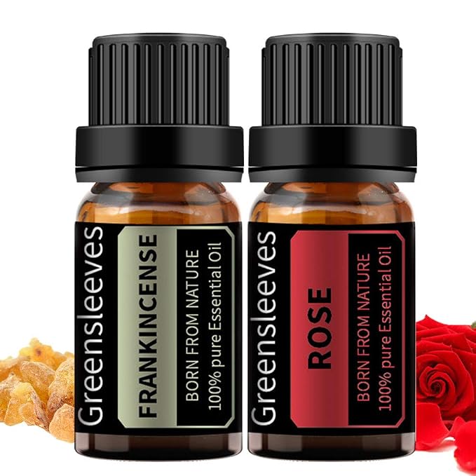 GREENSLEEVES Rose Frankincense Essential Oil Set, 2 x 10ml Pure Plant-Based Fragrance Oil for Aromatherapy, Essential Oils for Diffuser, Massage, Bath Bomb, Scented Candle Soap Making
