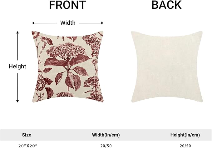 Floral Pillow Covers 20x20 Set of 2 Vintage Burgundy Red Hydrangea Herb Botanical Throw Pillow Covers Outdoor Decoration Boho Flower Pillowcase Farmhouse Decorative Cushion Case for Home Sofa