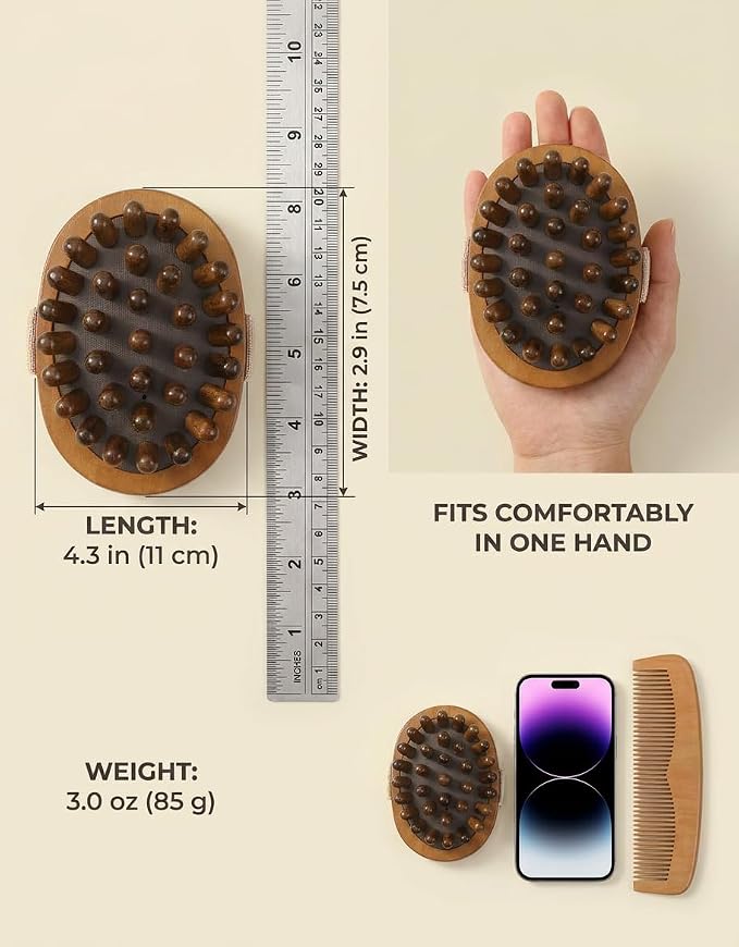 Wooden Meridian Massage Brush - Cepillo de Masaje & Wooden Hair Comb for Gentle Lymphatic Drainage, Oil-Safe Natural Wood Body & Scalp Brush with Cushioned Teeth, Self-Care Gift for Women