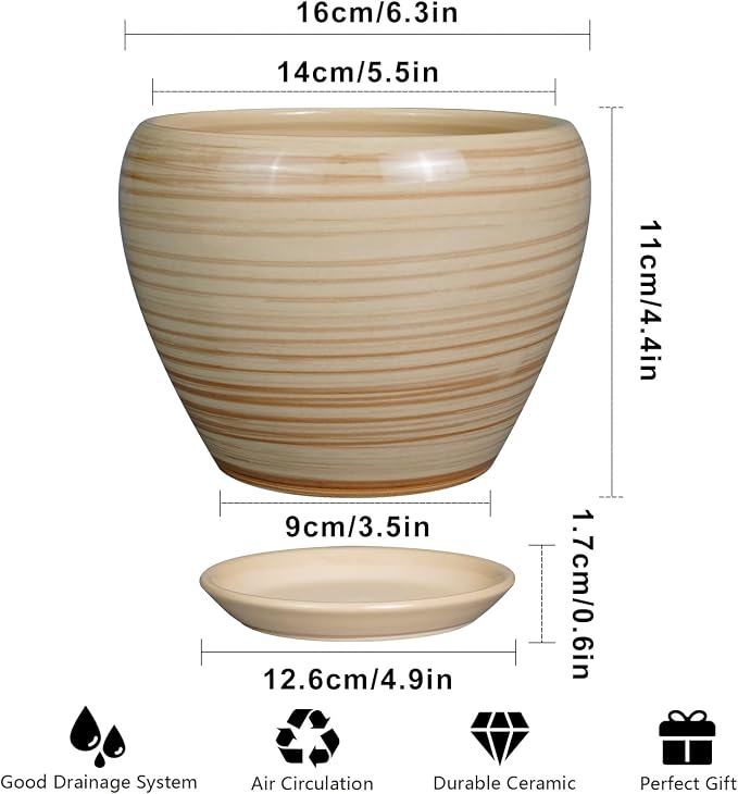 Ceramicfor 6 Inch Plant Pot Ceramic - Decorative Planter for Indoor Plants Succulent Pot with Drainage Hole and Saucer Round Planter Outdoor Flower Pot for House Patio Yellow