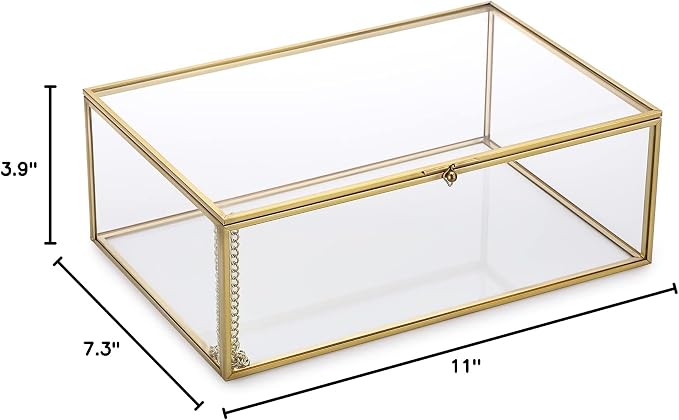 Hipiwe Vintage Glass Keepsake Box - Rectangle Jewelry Display Case, X-Large | Gold Vanity Organizer Lidded Boxes Home Decor Accent for Storage Trinket Rings Bracelet Rock