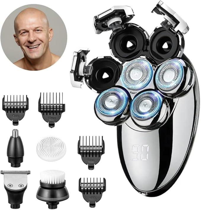 Head Shavers for Bald Men Electric Razor Dry/Wet IPX8 Waterproof 5 in 1 Head Razor Rechargeable LED Display High Speed Motor Head Shaver for Face Body Ear Nose Trimmers Cordless Portable Shaver