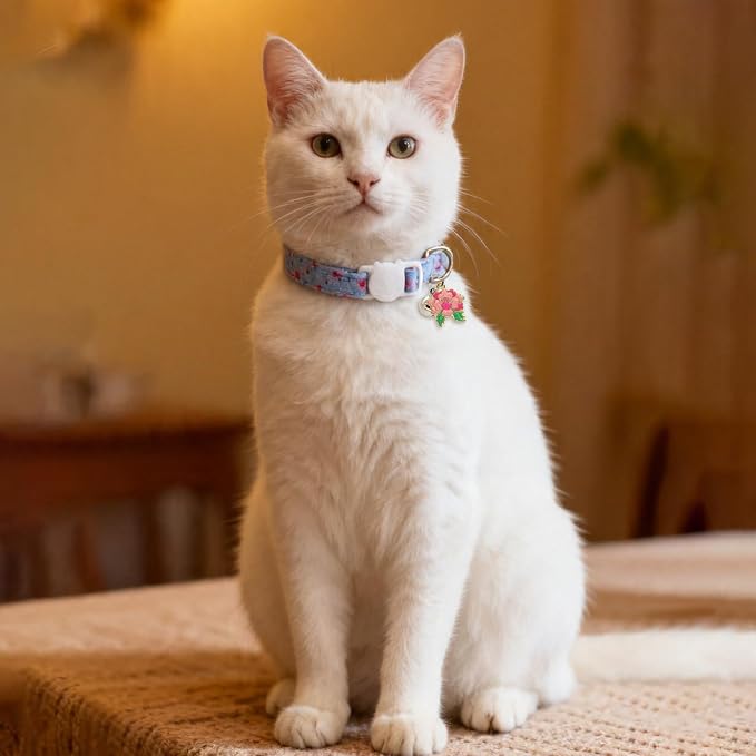 Cat Collars for Girl Cats & Boys, 2 Pack Soft Cotton Breakaway Collar with Removable Bell and Cute Charms, Adjustable Safety Pet Necklace, Rose