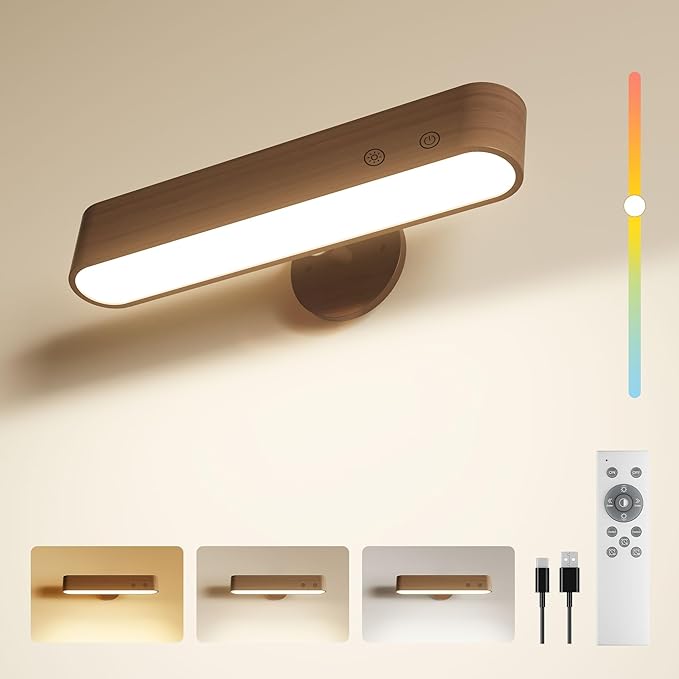 Rechargeable Wall Sconce, Battery Operated Indoor Wall Lights for Bedroom, Touch and Remote Control, 360° Rotate Walnut Wood Wall Sconces, 3 Colors Dimmable Brightness Wall Lamp, 15 RGB Colors, 1p