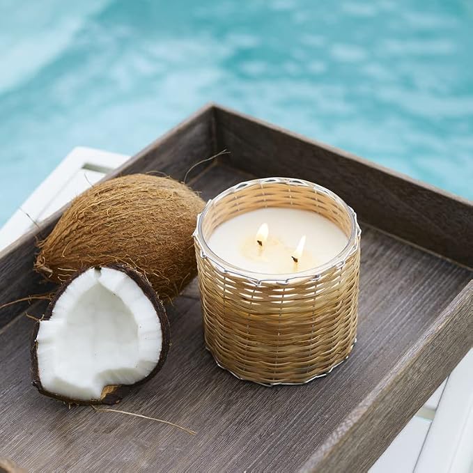 Coconut Rose Scented Candle – 12oz Luxury Soy Wax, 2-Wick in Handwoven Glass Jar, dewy Fruits, Juicy Green Citrus, Jasmine and Lush White Flowers 75+ Hour Clean Burn, Made in USA
