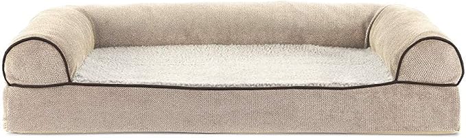 Furhaven Cooling Gel Dog Bed for Medium/Small Dogs w/ Removable Bolsters & Washable Cover, For Dogs Up to 35 lbs - Sherpa & Chenille Sofa - Cream, Medium