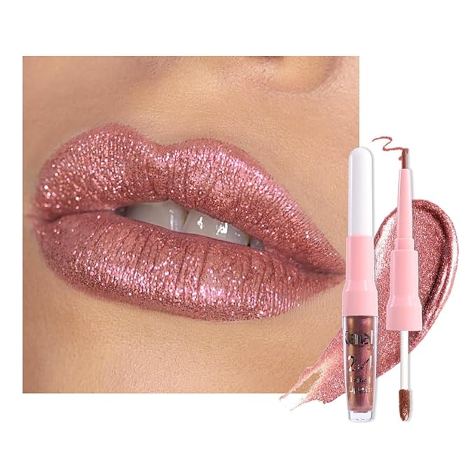 Kaely 2-in-1 Metallic Lipstick and Lip Liner, Shimmer Liquid Metallic Lipsticks for Women, Glitter Lip Gloss Stain Long Lasting Waterproof Smudge Proof (27 Nude Gold, 1 Count (Pack of 1))