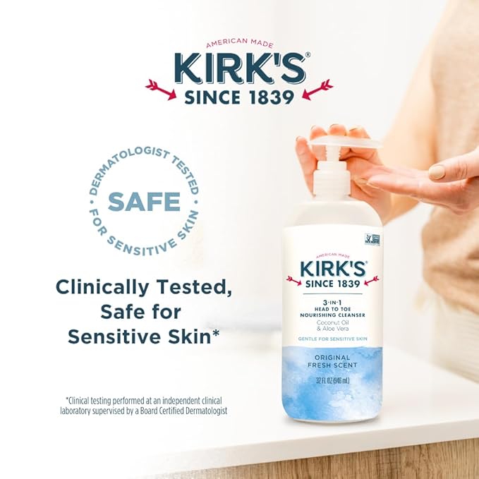 Kirk's 3-in-1 Head to Toe Nourishing Cleanser & Travel Size Bar Soap - for Men, Women & Children, Made with Premium Coconut Oil and Aloe Vera, Non-GMO & Vegan, Original Fresh Scent, 32 Fl Oz.