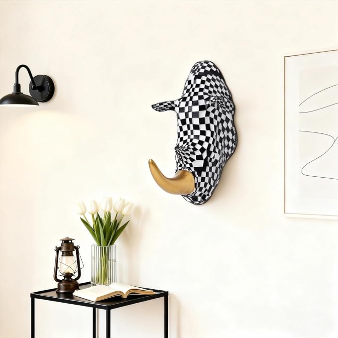 GIGICICI 9.2x4.7-Inch Vintage Mosaic Rhino Head Wall Sculpture Art Mount Statue for Room Bedroom Office Living Decor(Black White)