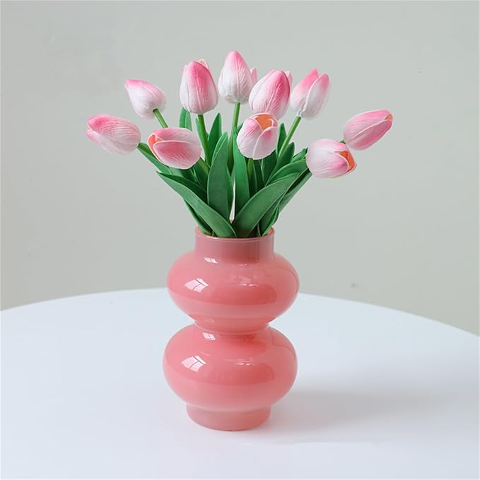 JSPYFITS Glass Hydroponic Flower Vase, Double Balls Colored Glasses Bubble Vase for Flowers, 7 Inches Glass Funky Vases for Home/Office/Weddings/Party Table Décor (Pink)