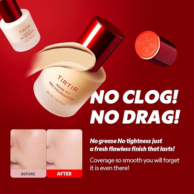 TIRTIR Mask Fit Red FoundationㅣLong Lasting Flawless Coverage, Energy Essence, Lightweight, Hydrating, Pore-Blurring, Breathable Satin Finish, Makeup, Radiant Skin, #28N Oat, 1.01 Fl Oz