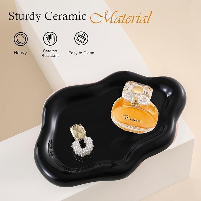 CCINPPY Ceramic Cloud Jewelry Tray Trinket Dish Key Bowl Nightstand Decor | Decorative Small Desk Tray Jewelry Plate Key Holder Bowl Cute Bedroom Room Decor Aesthetic, Gift for Women, Black Large