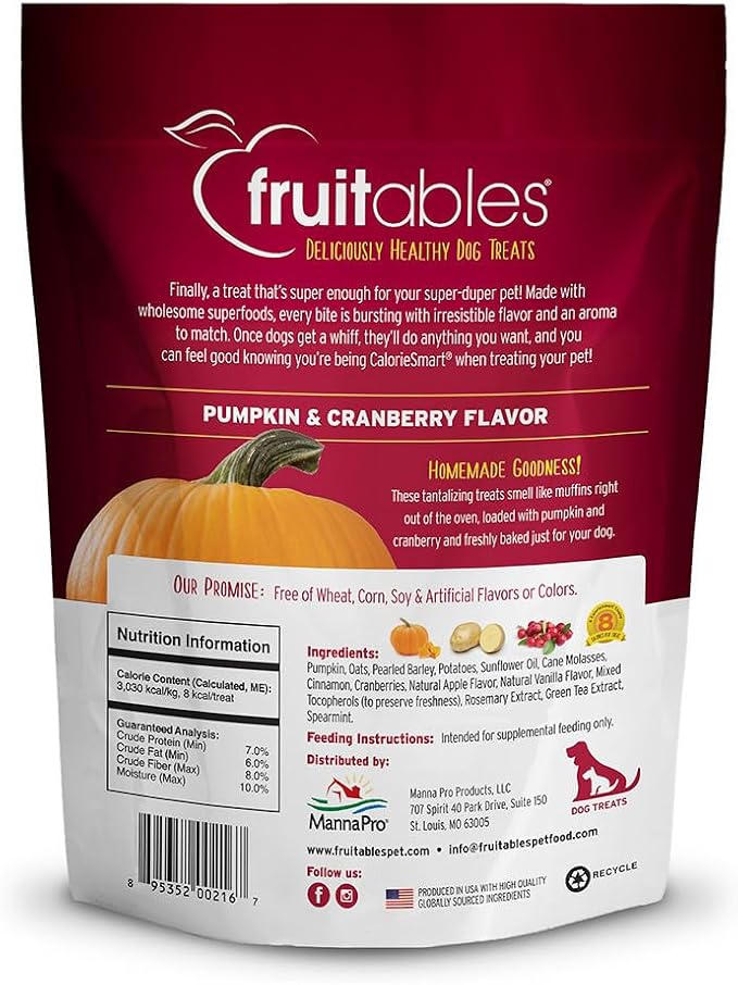 Fruitables Baked Dog Treats, Healthy Pumpkin Snacks for Dogs, Low Calorie & Delicious, No Wheat, Corn or Soy, Puppy Training Treats, Made in the USA, Pumpkin and Cranberry Flavor, 7oz (Pack of 2)