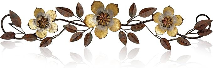 Wesiti Metal Flower Wall Decor Vintage Metal Flower Wrought Iron Scroll Sculpture 15.7''x3.7'' Not 3D, Flat Farmhouse Leaf Wall Decor with Nails for Summer Bedroom Kitchen Indoor Outdoor(Gold)