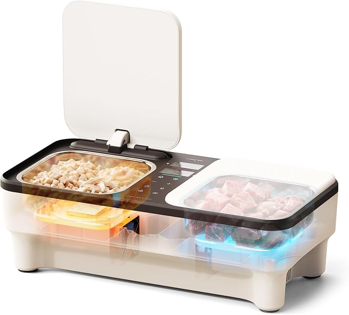 Cat Wet Food Automatic Feeder with Semiconductor Cooling & Pre-Heating, Programmable Timed Wet Food Dispenser for Cats, Stainless Steel Tray, Quiet, for 1-2 Cats Daily Use & Short Trips