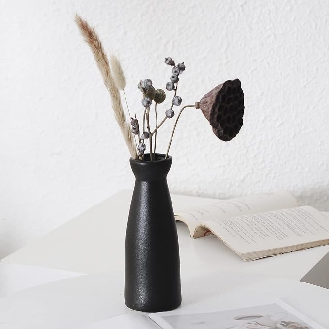 CEMABT Black Ceramic vase Set-3 Small Flower vases for Decor,Modern Boho Farmhouse Home Decor,Decorative vase for Pampas Grass&Dried Flowers,idea Shelf,Table,Bookshelf ，Entryway- Distressed