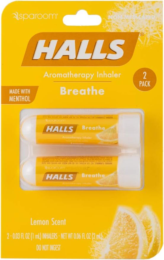 SpaRoom Halls Nausea Relief Nasal Stick – Breathe Lemon, 100% Pure Essential Oils, Aromatherapy Nasal Stick for Sinus Relief, Stress & Craving Management, Zesty Lemon Scent, 2-Pack, Non-Medicated