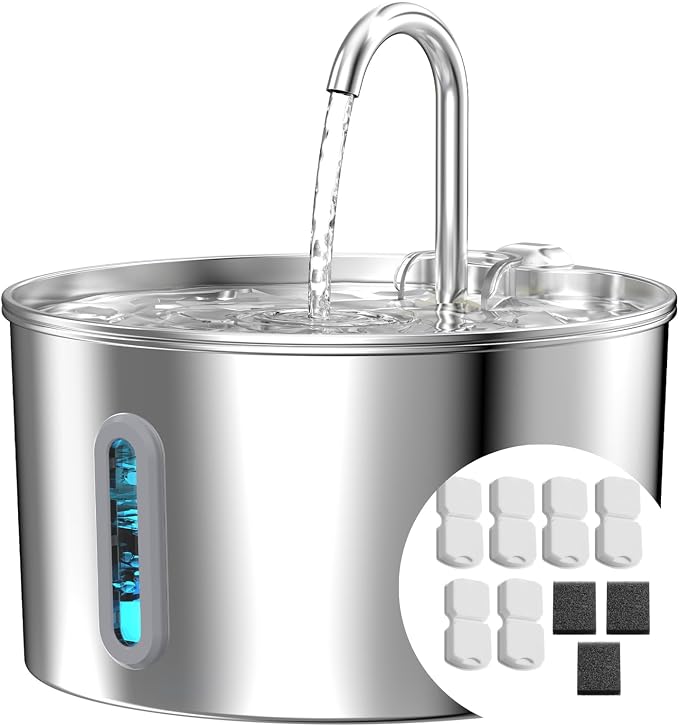 74oz Cat Water Fountain Stainless Steel for Drinking(6 Filters 3 Sponges) | 2.2L Pet Water Fountain for Cats Inside, Automatic Cat Water Dispenser Bowl, with Faucet Water Level Window, Ultra Quiet Pump