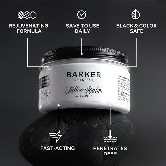Barker Wellness Tattoo Balm – Natural Vegan Tattoo Aftercare with Bisabolol, Helichrysum & Vitamin E – Brightens Old Tattoos, Protects New Ink – Non-Greasy, Petroleum-Free, Cruelty-Free - 4 ounces