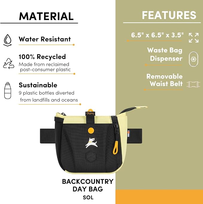 OllyDog Backcountry Day Bag | Dog Training Treat Pouch | Eco-Friendly Recycled Fabric Fanny Pack with Zipper Closure, Built-in Poop Bag Dispenser & Adjustable Waist Belt (Sol)