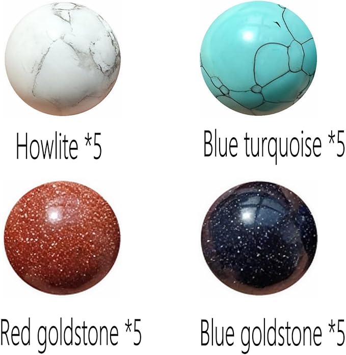 20Pcs 16mm Stone Balls Gemstone Spheres Polished Assorted Small Marbles -Howlite*5, Blue Turquoise*5,Red Goldstone*5,Blue Goldstone *5