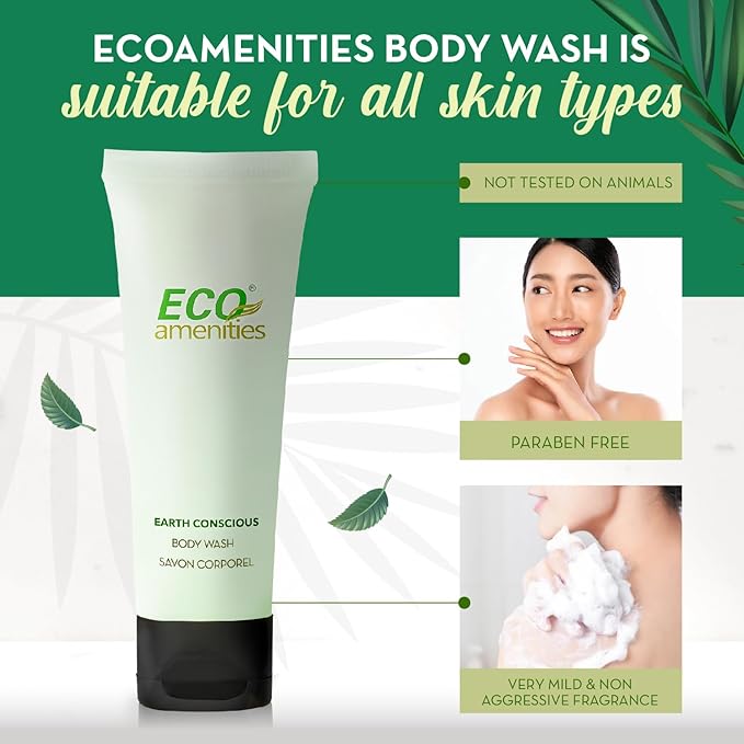 ECO amenities Body Wash Tubes - 1 fl oz, Pack of 72 - Green Tea Travel Toiletries & Exfoliating Shower Gel - Liquid Soap Body Wash - Cruelty-Free Bulk Toiletries