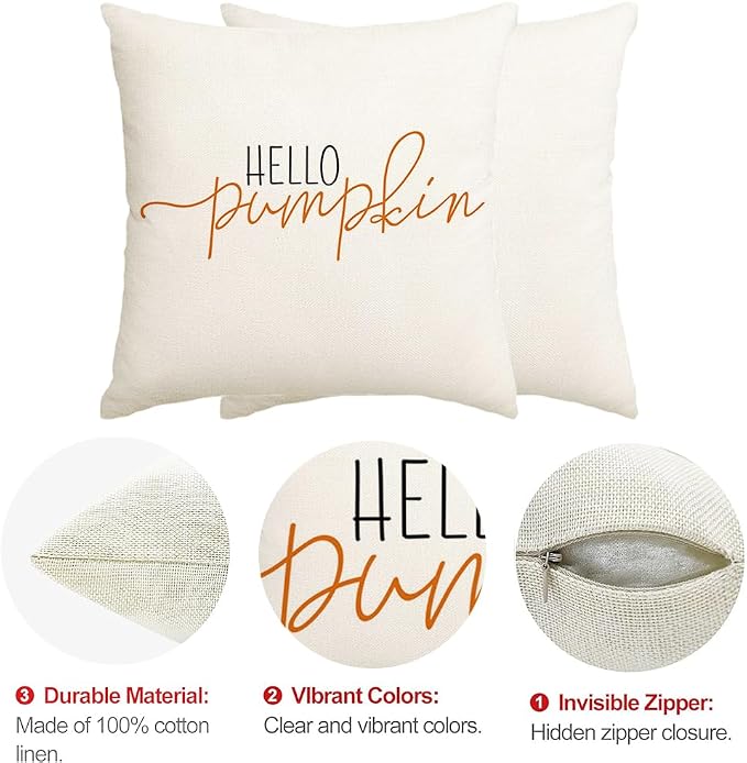 RABUSOFA Fall Pillow Covers 18x18 Inch Fall Decor for Home | Hello Pumpkin Lettering,Indoor Outdoor Use,Harvest Autumn Thanksgiving Decorations for Couch Sofa