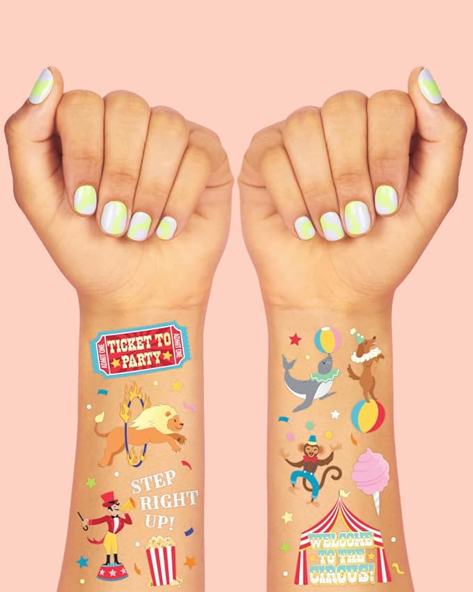 xo, Fetti Circus Party Temporary Tattoos - 42 Gold + Silver Foil Styles | Circus Birthday Party Supplies, Carnival Party Favors, Circus Animals Temp Tats, Clown Arts and Crafts (Pack of 2)