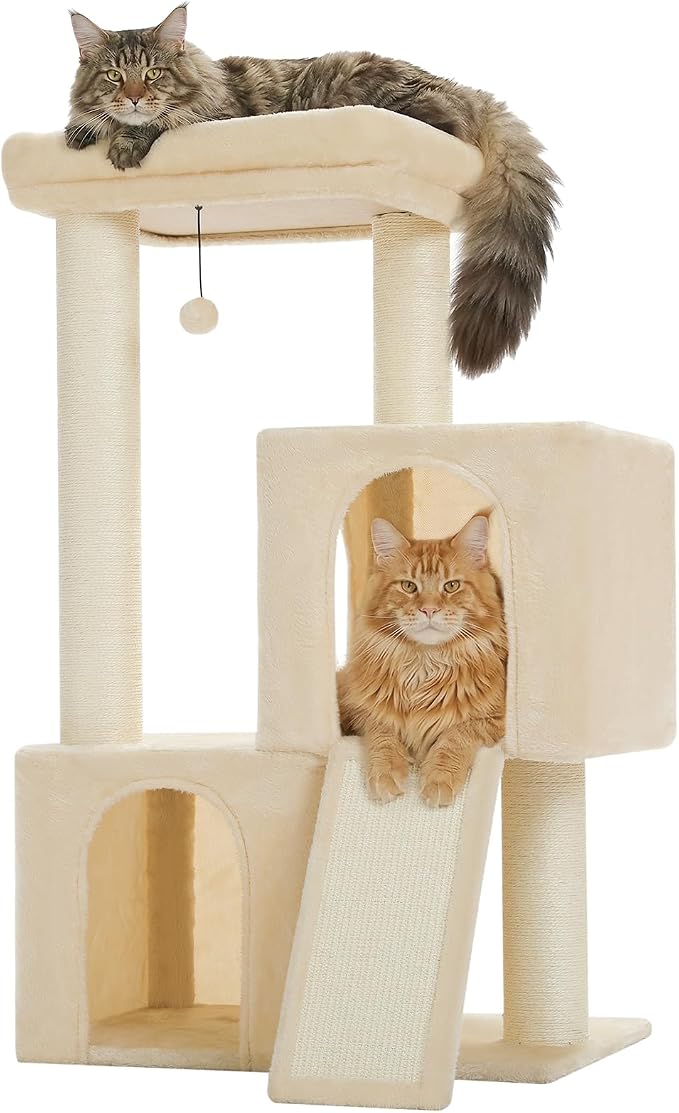 PAWZ Road Large Cat Tree, 45" Heavy Duty Cat Tower with Dual Condos, Beige | thick scratching posts(φ4.3"), 21"x21" spacious perch, large scratching ramp, dual condos for large&maine cats