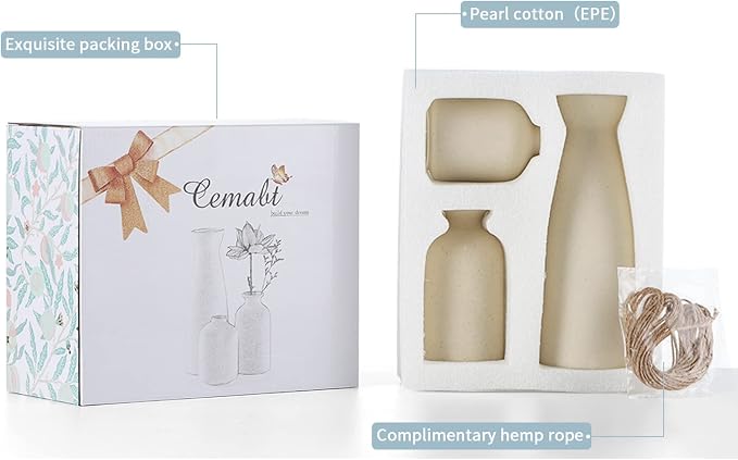 CEMABT Beige Ceramic vase Set-3 Small Flower vases for Decor,Modern Boho Farmhouse Home Decor,Decorative vase for Pampas Grass&Dried Flowers,idea Shelf,Table,Bookshelf ，Entryway- Distressed