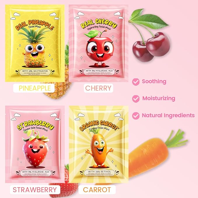 evpct 12-Pack Fruit Sheet Face Facial Masks for Women Skincare Spa, Facial Spa Day Slumber Sleepover Birthday Party Favors Supplies, Natural Ingredients, Hydrate and Soothe for All Skin Types, SetA02
