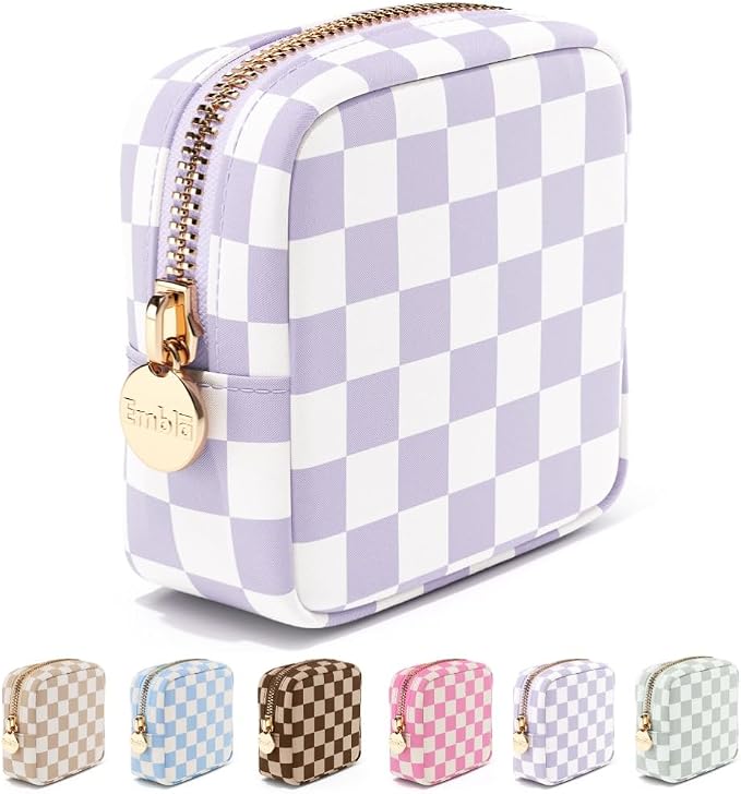 Embla Makeup Bag Travel Cosmetic Bag, Toiletry Bag, Cute Makeup Organizer, Nylon Zipper Pouch Purse Storage Bag Cosmetics Organizer, Womens Make Up Bag Mini Makeup Bags (Dusty Rose Checkered)