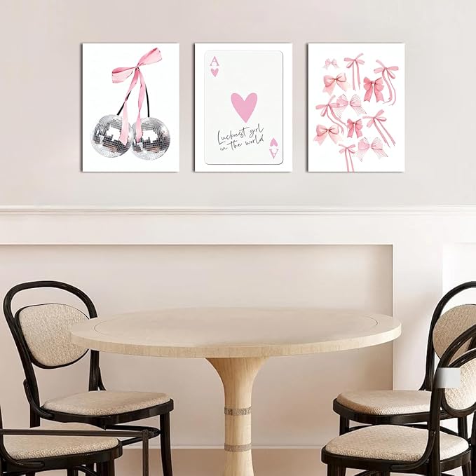 Trendy Pink Bows Wall Art Set of 3 Preppy Coquette Wall Decor Trendy Disco Ball Canvas Posters Prints Girly Aesthetic for College Apartment Bedroom Decoration Framed 16x24 In