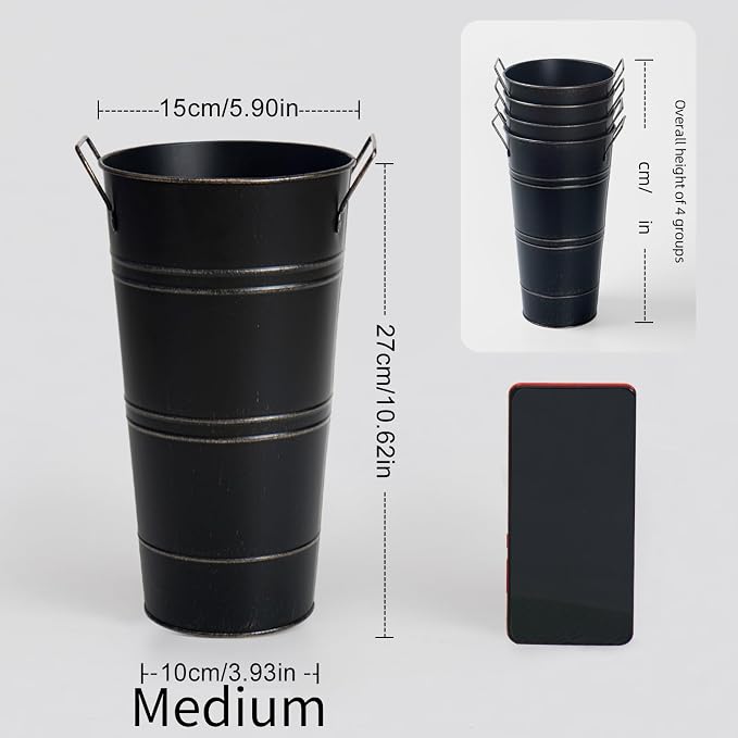 Notakia 10.62 Inch Galvanized Metal Vases Farmhouse French Flower Bucket Vases for Cut Flowers for Home Decor and Wedding Table Centerpiece Decorations (Medium Size Black 8Pcs)