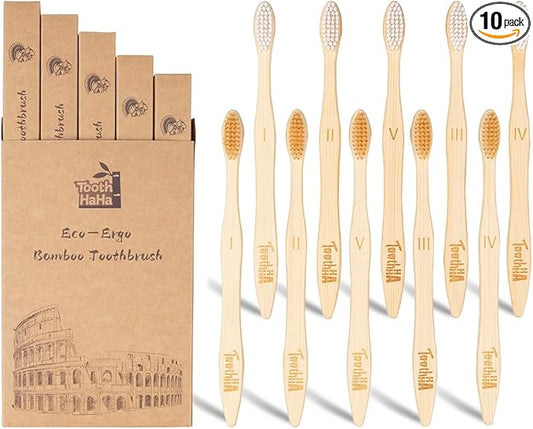 Tooth HaHa Bamboo Toothbrushes for Adults, BPA-Free Soft Tapered Bristles, Eco-Friendly Natural Organic Wooden Toothbrush, 10-Count Toothbrushes Travel Set