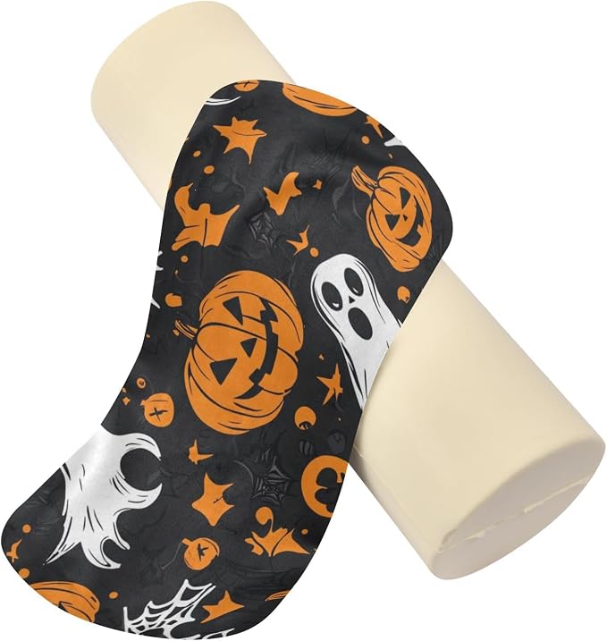 Gothic Funny Halloween Ghost and Pumpkins Neck Roll Pillow Bolster Round Health Memory Foam Long Cervical Cylinder Pillows with Removable Washable Cover for Body Bed Legs Back Yoga