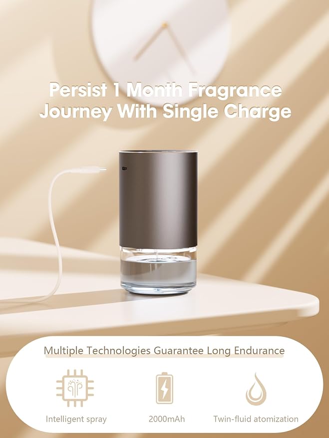 Waterless Oil Diffuser for Home, Car, Office - Rechargeable Scent & Essential Oil Diffuser, 4 Mist Modes and 1/2/4/6 Hour Timer, Portable Cordless Aromatherapy, Spill-Proof Metal Design - Black