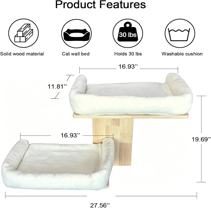 Cat Wall Shelves with Cat Bed 2 in 1 Furniture with Soft Cushion Perch & Pet Cooling Mat 2 Platform Climbing Wall Systems Tree Tower for Indoor Cats Rubber Wood Corner Floating Shelf