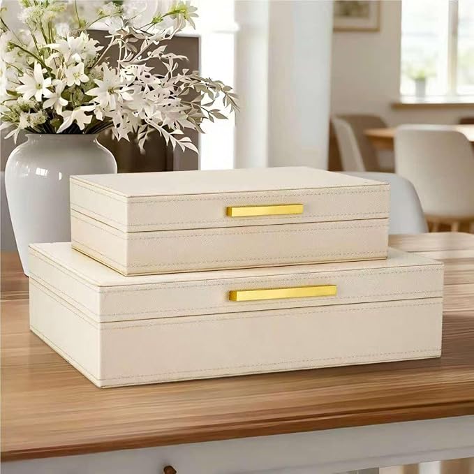Decorative Storage Boxes with Lids, Set of 2 PU Leather Memory Box for Keepsakes, Beautiful Large Decorative Box for Home Decor – Safely Store Jewelry, Documents & Photos (Beige)
