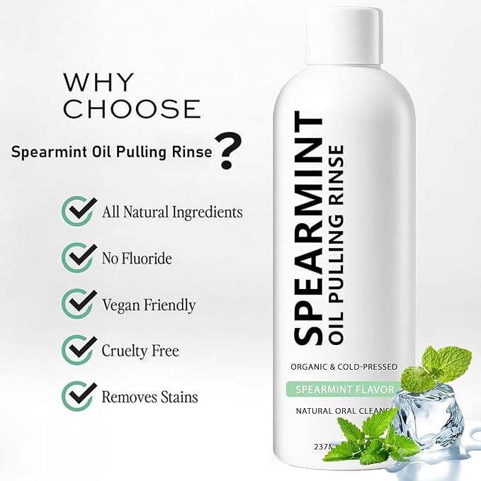 Spearmint Oil Pulling Rinse, Cold-Pressed Coconut Oil for Whitening Teeth Mouthwash, 237ML/8 FL.OZ Powerful Organic Peppermint Oil Maintain Gum Health & Oral Cleaner & Freshness Breath, Mint (1)