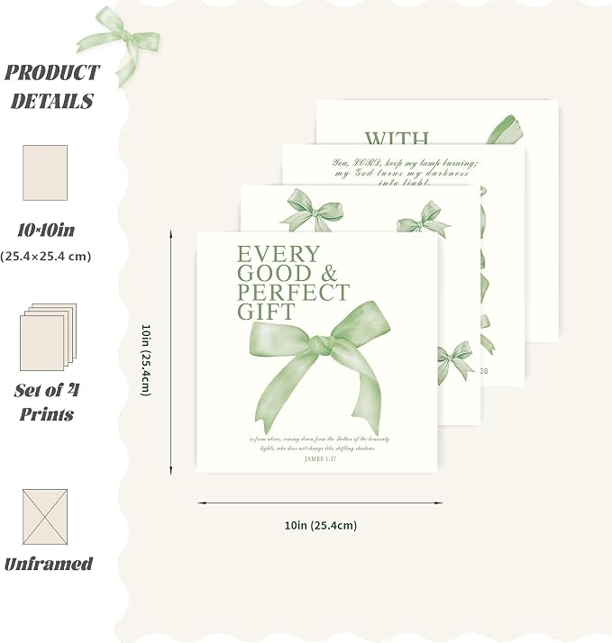 LARTSFRO Coquette Sage Green Bow Wall Art Decor Posters, Sage Green Bow Room Bedroom Bathroom Wall Art Decor Aesthetic for Teen Girls Gifts, Inspirational Bible Verses Bow Wall Decor, 10x10 Inch Set of 4 Bow Pictures Unframed