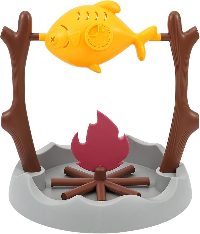Cat BBQ Toy Treat Dispensing Slow Feeder Bowl, Unique Rotatable Fish and Flame Cognitive Training Game Enrichment Interactive Stimulation Toy for Indoor Kitty(Yellow)