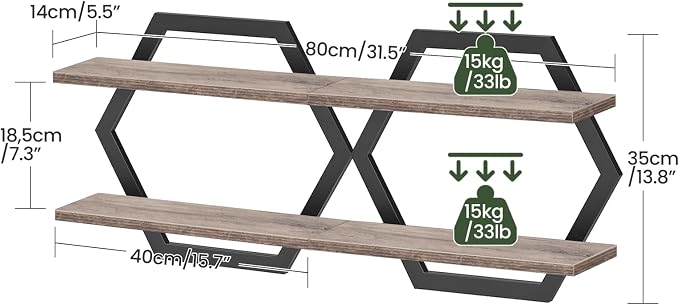 Hexagon Floating Shelves for Wall, Set of 2, 2 -Tier Hanging Shelves, Wall Mounted Storage Shelves, for Living Room, Bedroom, Kitchen, Home Office, Study, Greige TBJ06P2BG